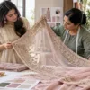 Client and tailor checking embroidery, border placement and fabric opacity