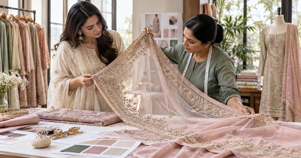 Client and tailor checking embroidery, border placement and fabric opacity