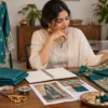 Woman planning a teal custom Punjabi suit with embroidered fabric
