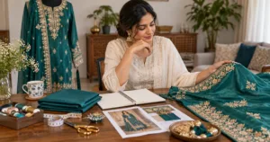 Woman planning a teal custom Punjabi suit with embroidered fabric