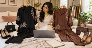Woman comparing black and cocoa embroidered co-ord sets online