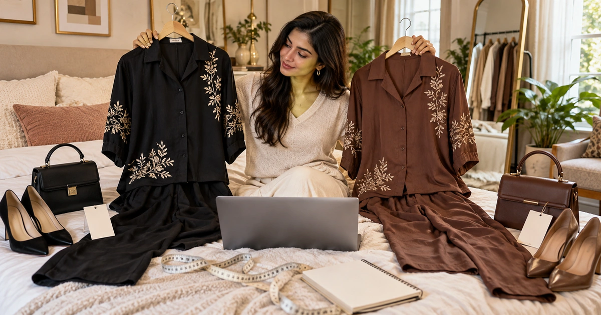 Woman comparing black and cocoa embroidered co-ord sets online