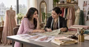 Woman discussing fabric and fit references with a ladies tailor in Ludhiana