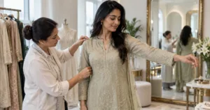 Tailor checking sleeve and shoulder movement during a women’s fitting