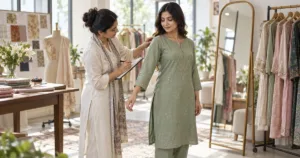 Female tailor recording shoulder and sleeve fit for a green kurta