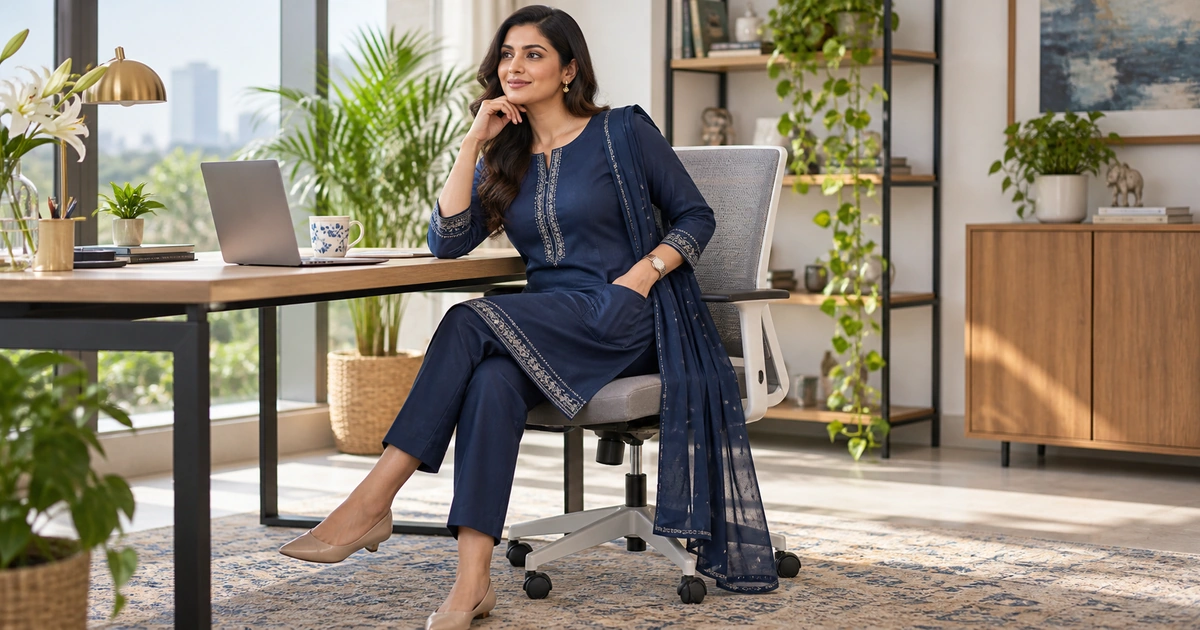 Woman wearing a navy Punjabi office suit at a modern workspace