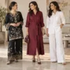 Women styling a black co-ord, wine dress and white linen outfit