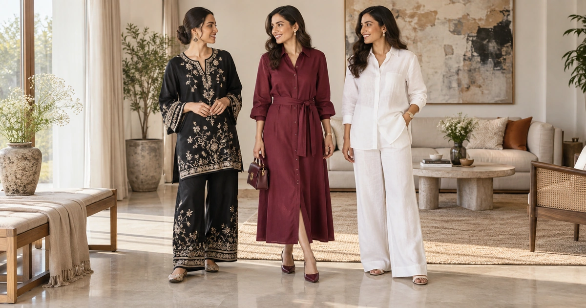 Women styling a black co-ord, wine dress and white linen outfit