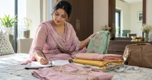 Woman planning a stitching visit with fabric, notes and a travel bag