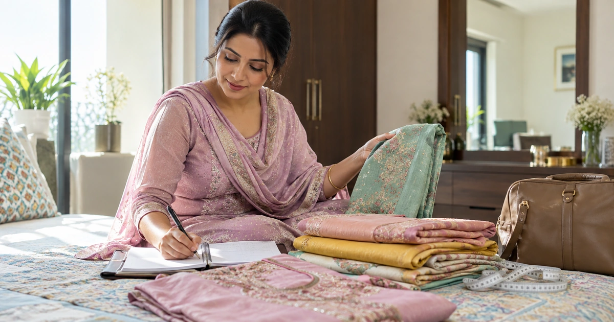 Woman planning a stitching visit with fabric, notes and a travel bag