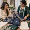 Punjabi suit design consultation with fabric, borders and bottom options