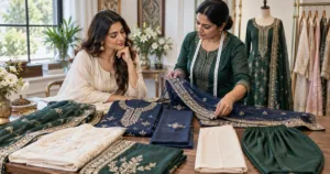 Punjabi suit design consultation with fabric, borders and bottom options