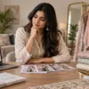 Woman comparing online, showroom and custom boutique outfit routes