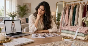Woman comparing online, showroom and custom boutique outfit routes