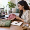 Woman discussing suit fabric during a remote stitching consultation