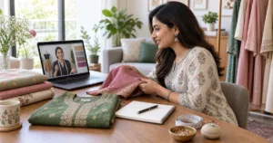 Woman discussing suit fabric during a remote stitching consultation