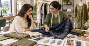 Punjabi suit fabric and silhouette consultation in a women’s boutique