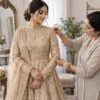 Bride having the shoulder and embroidered sleeve of her outfit fitted