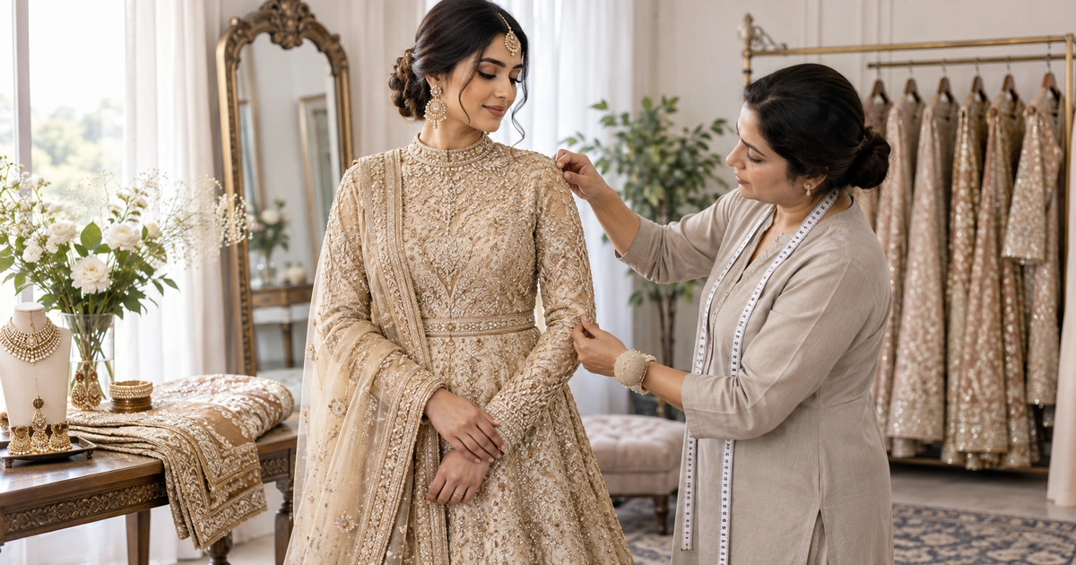 Bride having the shoulder and embroidered sleeve of her outfit fitted