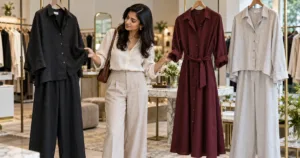 Woman comparing co-ord sets and a shirt dress in a boutique