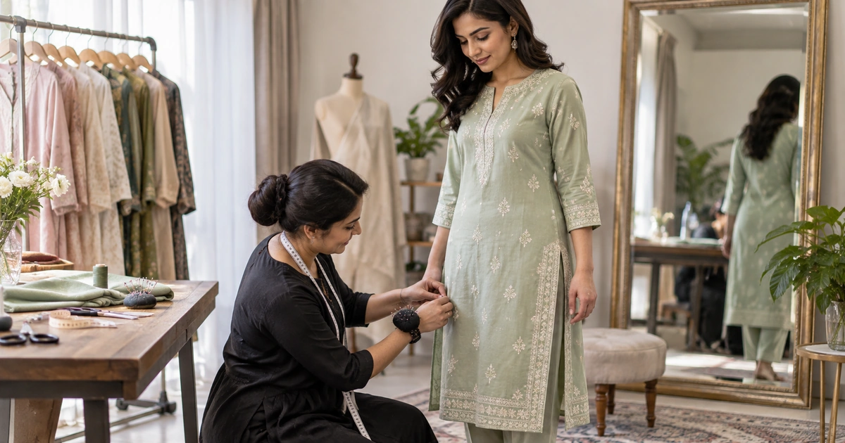 Tailor pinning a kurta side seam during an alteration fitting