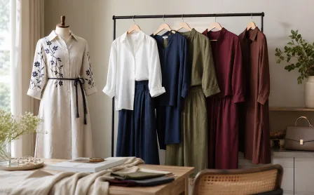 Comfortable designer workwear display with linen shirts co-ords and embroidered dress