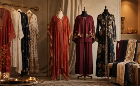 Editorial festive women outfit display with kaftan co-ord and shirt dress inspired pieces