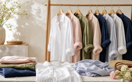 Editorial flat lay of women linen shirts in a boutique studio